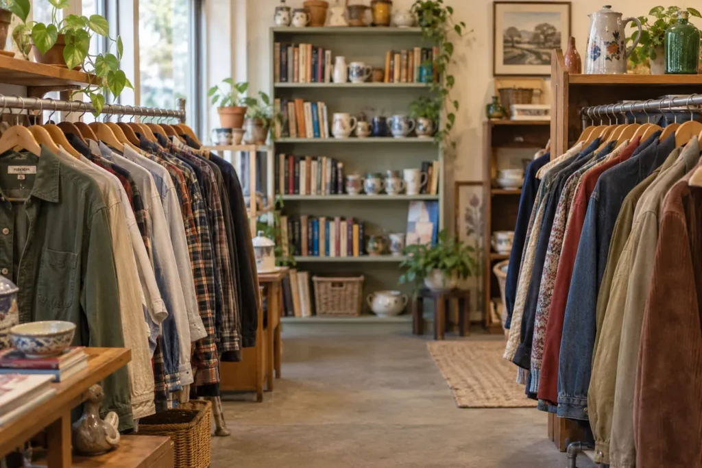 Illustration of a second-hand shop with clothing rails, used books and homewares