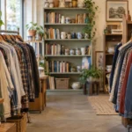 Illustration of a second-hand shop with clothing rails, used books and homewares